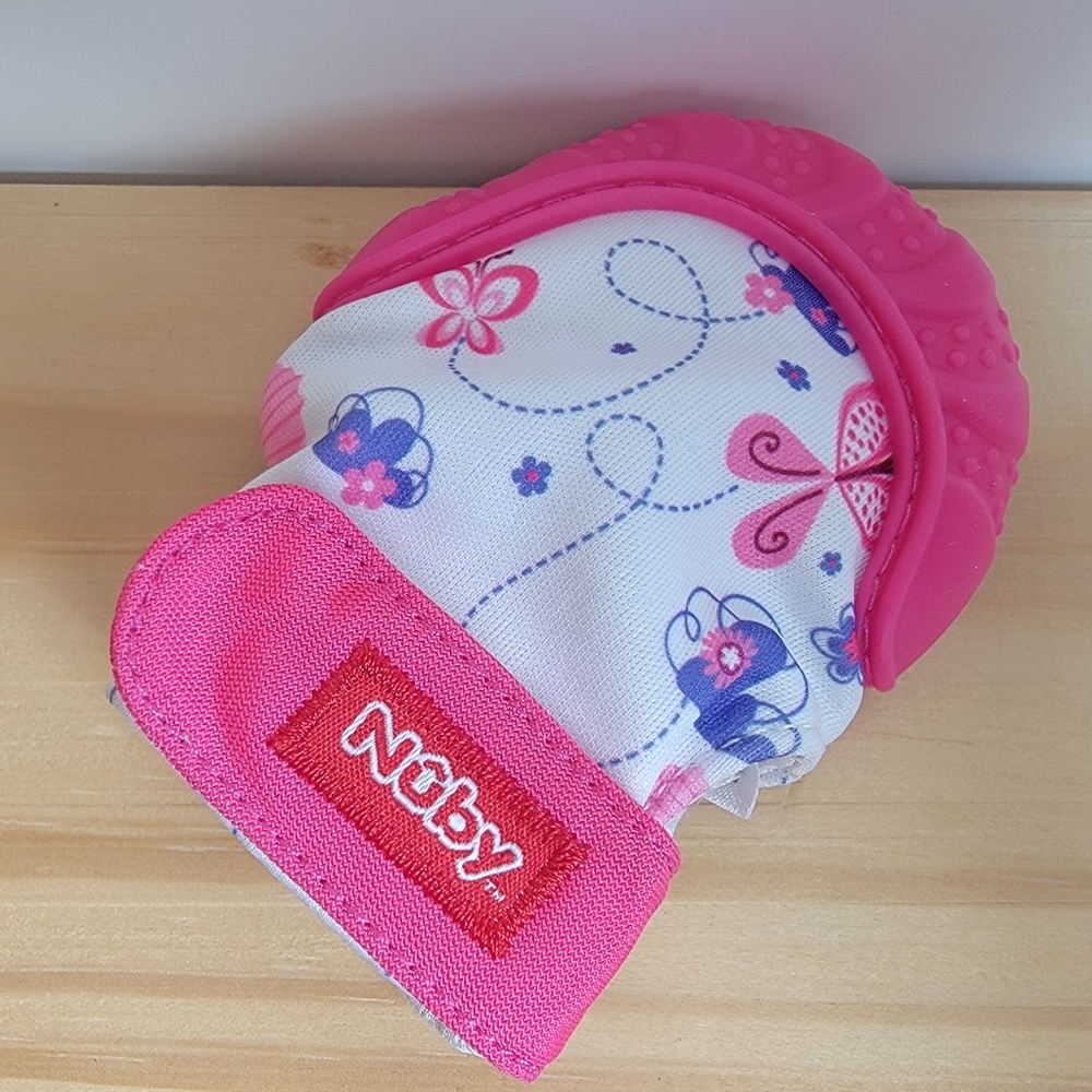 Nuby Teething Mitten – Purple And Pink Butterfly, Soft Silicone Crinkle